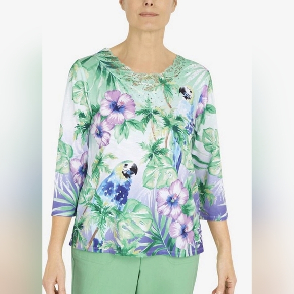Alfred Dunner Women XL Parrot Tropical Top 3/4 Length Sleeve Hawaiian Beachy - Picture 1 of 10